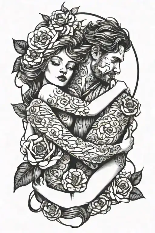 Man Embracing Woman Intertwined With Flowers And An Ocean In The Background