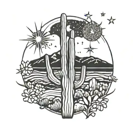 A Simple Line Art Design Of A Saguaro Cactus With Shooting Stars Streaking Across The Night Sky