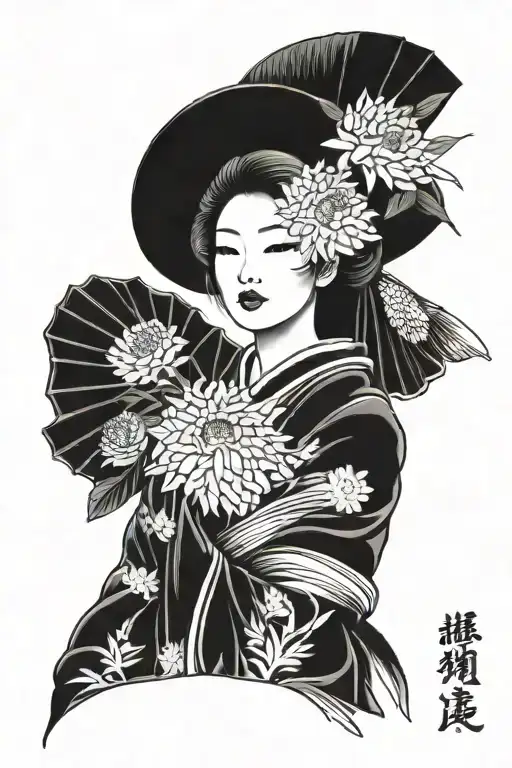 Geisha Using Oriental Straw Hat With Chrysanthemum Floral Filler