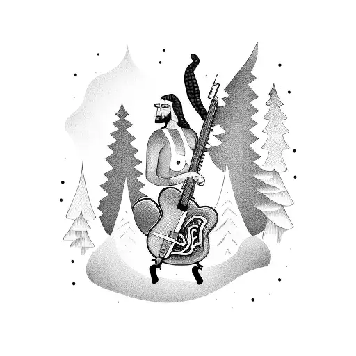 A Blackwork Illustration Of A Mystical Creature Playing A Bass Guitar In A Forest Setting