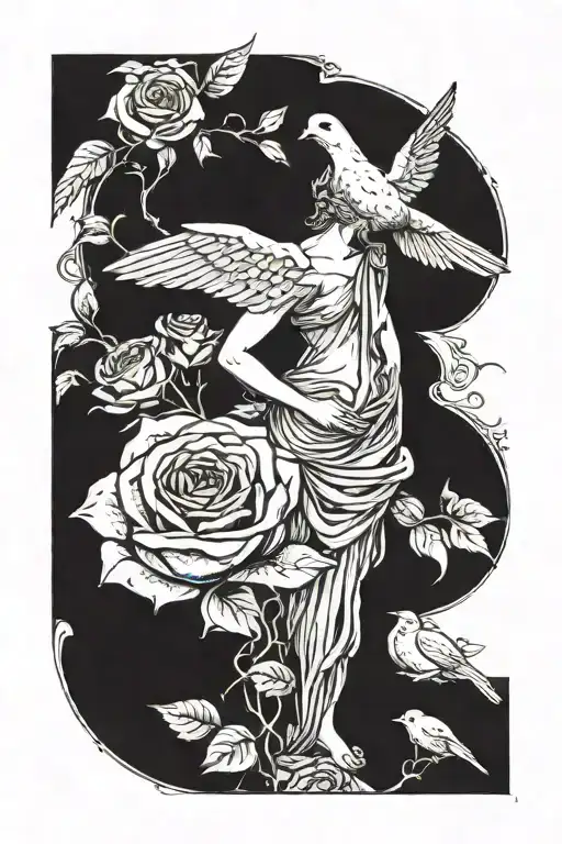 Aphrodite Standing Back Forward In Front Of A Rose Or Myrtle Bush Reaching For A Dove