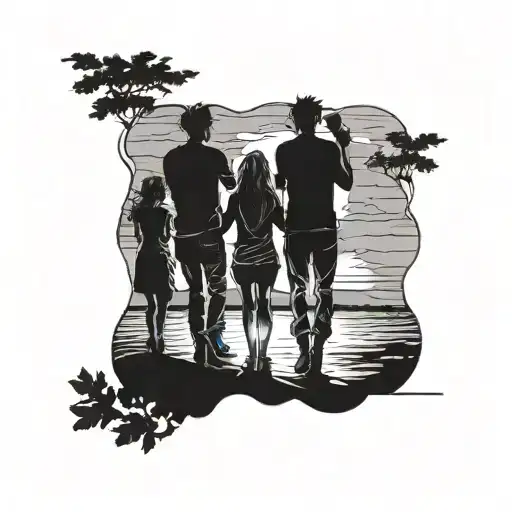 A Silhouette Of A Group Of Friends Watching The Sunset Over The Ocean