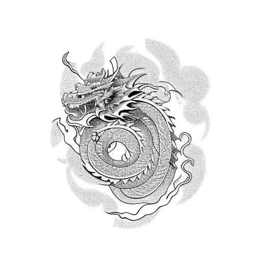 Japanese Dragon Incorporating Traditional Japanese Elements Such As Cherry Blossoms And Waves