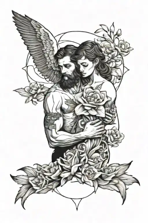 Man Holding A Woman With Flowers And An Ocean In The Background