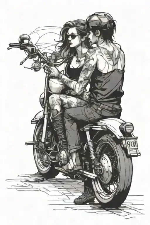 Harley Motorcycle Guy Girl Sitting With Him Looking At Them