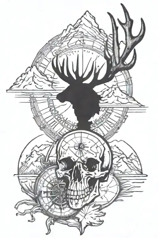 Compass Pointing North To An Rocky Mountain Elk Skull With Mountains Background