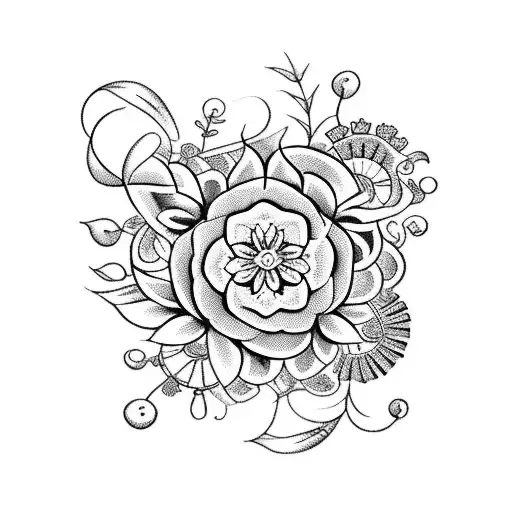 A Stylized Blackwork Tattoo Of A Bouquet Of Flowers Intertwined With The Zodiac Sign For Virgo