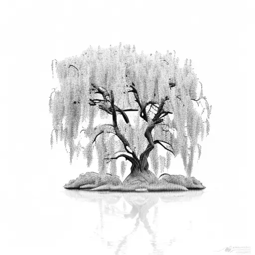 Willow Tree On A Small Island Surrounded By Water