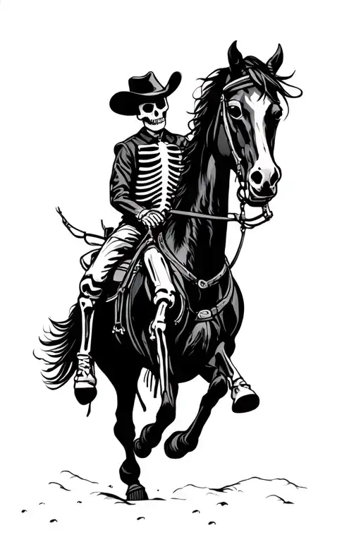 A Skeleton Cowboy Riding A Black Horse