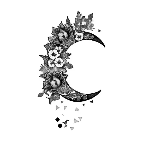 A Crescent Moon With Flowers And Geometric