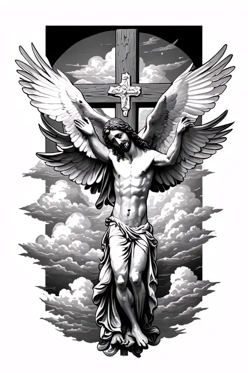 2 Doves Over Jesus Christ While He Is Overlooking A Cross With Clouds Behind Everything
