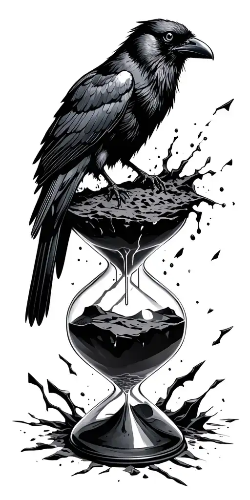 Raven Perched Atop An Hour Glass That Is Knocked Over Shattered Leaking Sand