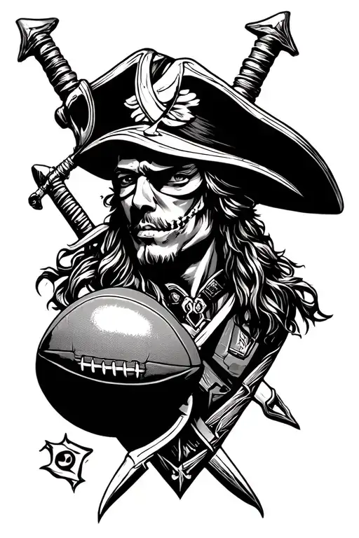 Buccaneer With Eye Patch And Football For Eye And Dagger Behind The Head