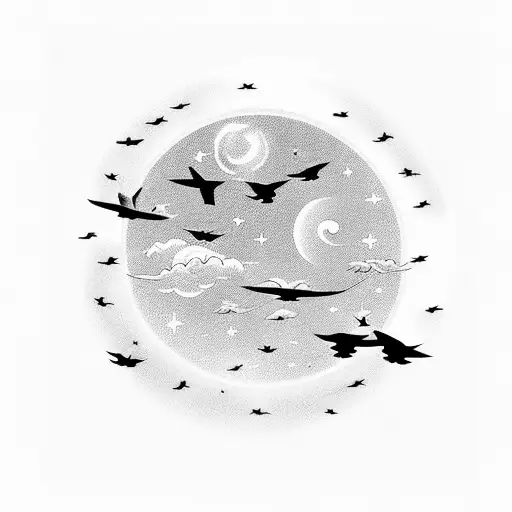 Flying Birds Forming A Cat Silhouette Against A Starry Night Sky