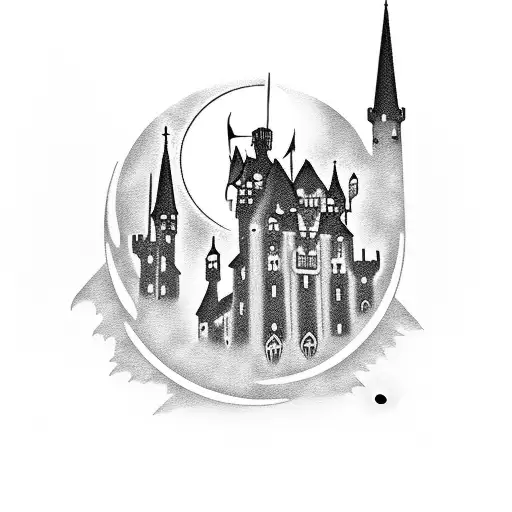 A Gothic Castle Silhouette With A Moon And Cat Symbols Intertwined In The Design