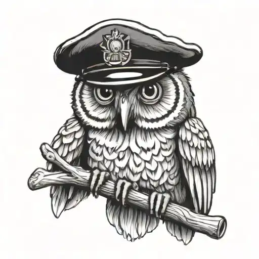 Owl Wearing Police Bobby Hat On Perch
