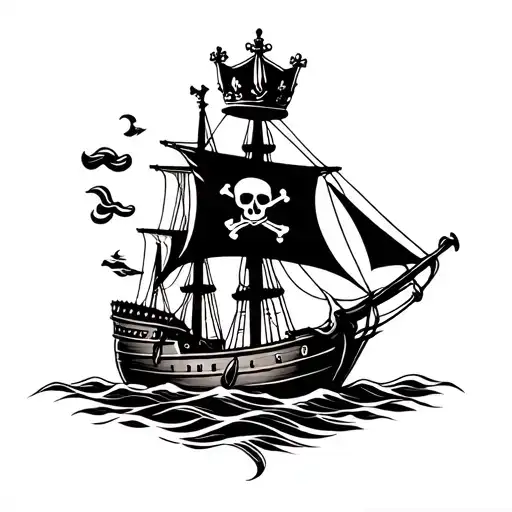Pirate Ship And Crown Black And White
