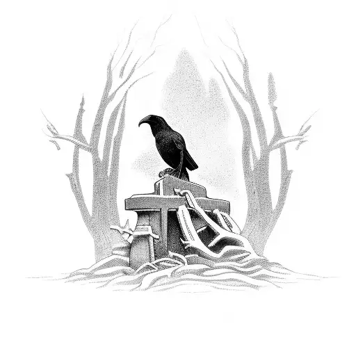 A Haunting Graveyard Scene With A Raven Perched On A Tombstone