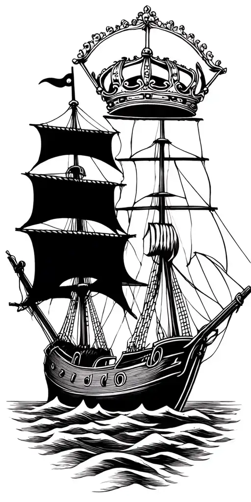 Pirate Ship And Crown Black And White