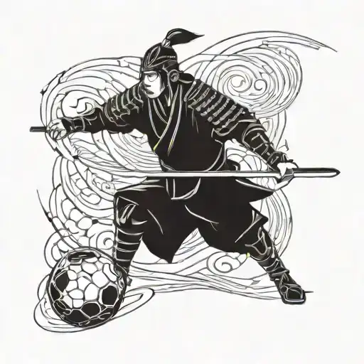 A Futuristic Samurai Warrior Playing Soccer In A Digital World