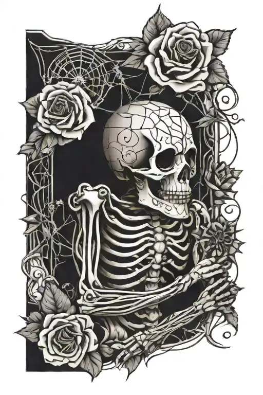 Sleeve Skeleton Holding Flowers Spiders Web