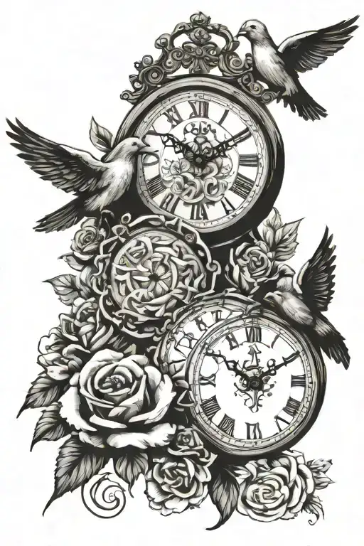 Clock And Dove And Roses And Roman Numerals 86