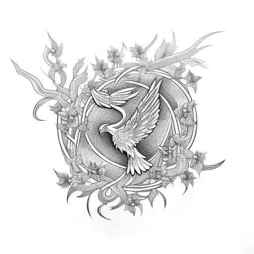 A Phoenix Intertwined With A Vine Of Flowers