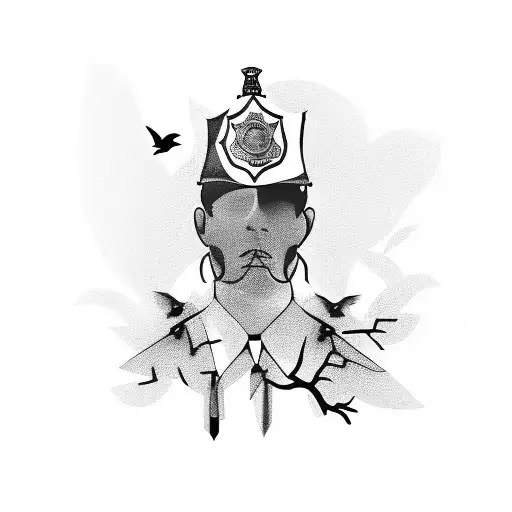 A Police Officer's Silhouette With Crows Perched On Their Shoulders