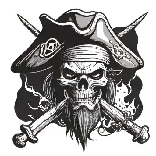 Human Pirate With Black Skull And Bones Hat With A Cutlass In Mouth Facing Forward