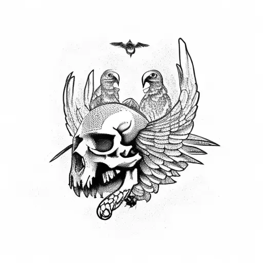 Raven Perched On A Skull That Has A Snake Coming Out Of Its Eye Socket