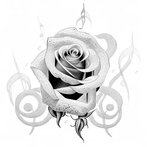 A Dotwork Tattoo Of A Rose Intertwined With Musical Notes
