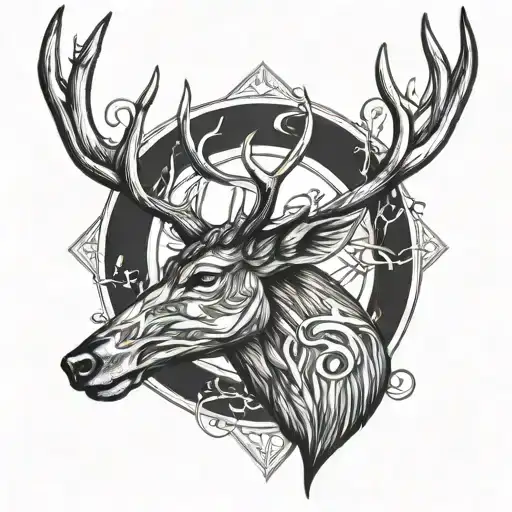 A Majestic Deer With A Crescent Moon And Arrows Intertwined In Its Antlers