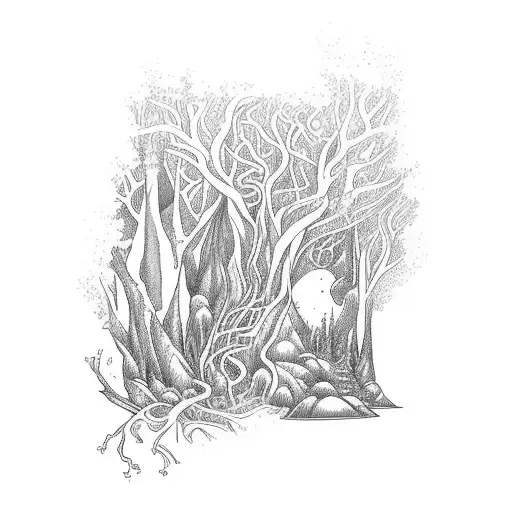 A Mystical Forest Scene With Hidden Magical Elements Like Spell Books And Cauldrons