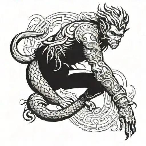 Monkey King And Dragon Sleeve Tattoo Featuring Oni
