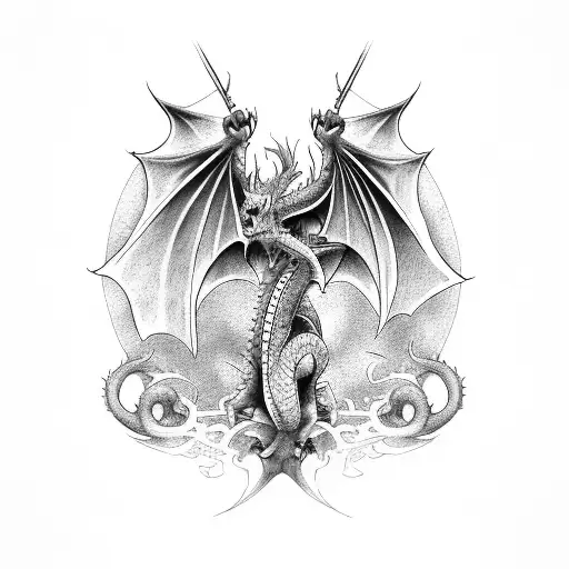 Dragon Medieval Con Alas Para Una Manga Completa En El Brazo