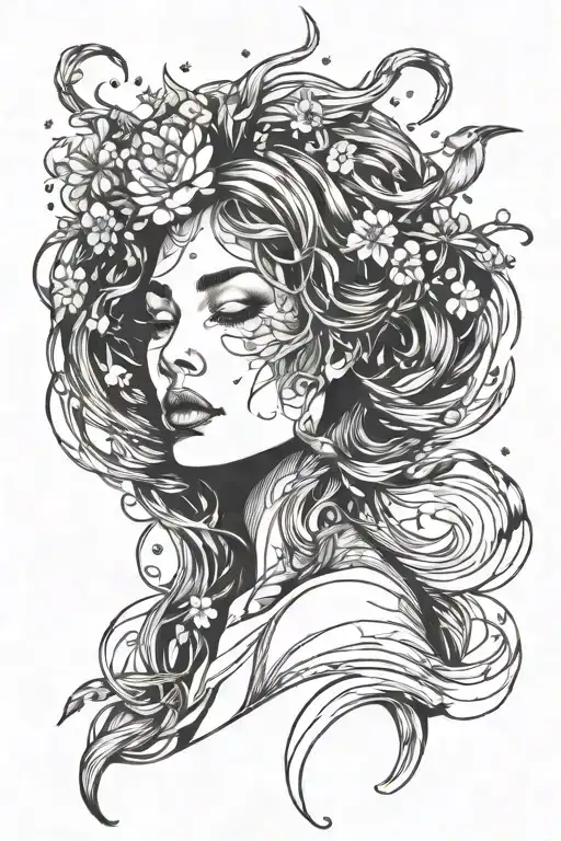 Nature-inspired Tattoo Of A Cosmic Female With Flowing Brushstroke Hair