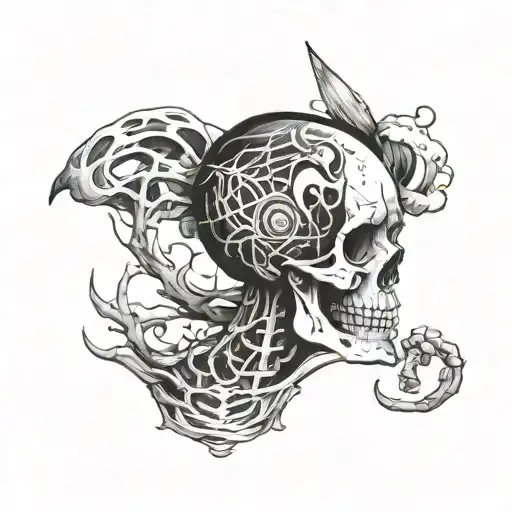 Brushstroke Tattoos Forming A Cosmic Landscape With A Female Skeleton As The Focal Point