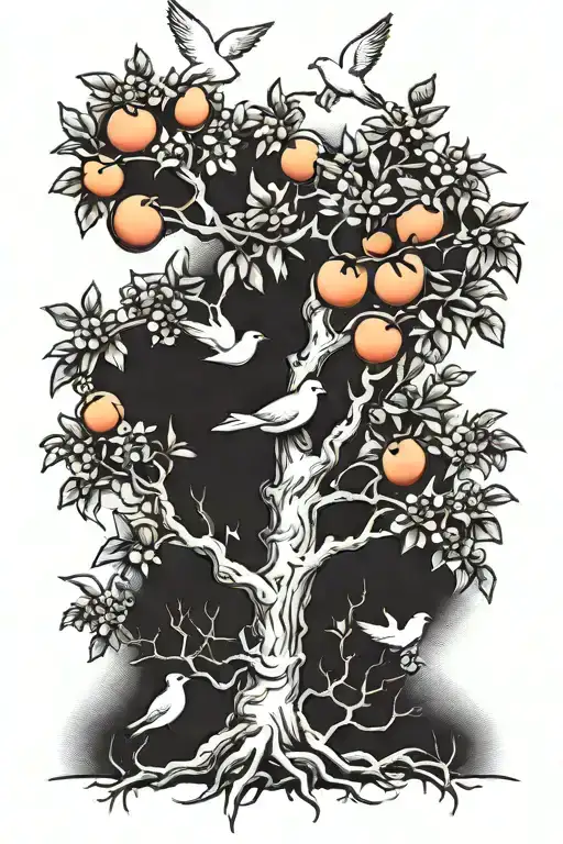 Peach Tree With Doves Flying