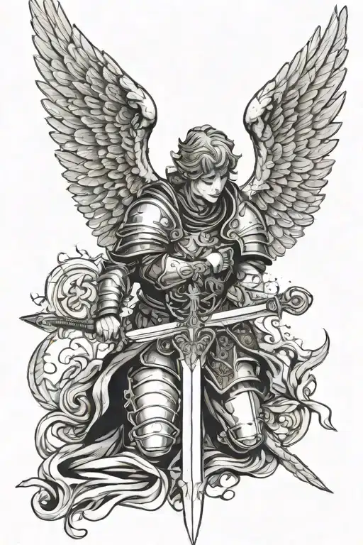 Forearm Tattoo With A Angel Wearing Armor With Wings And Kneeling With A Sword And Above It A Cross