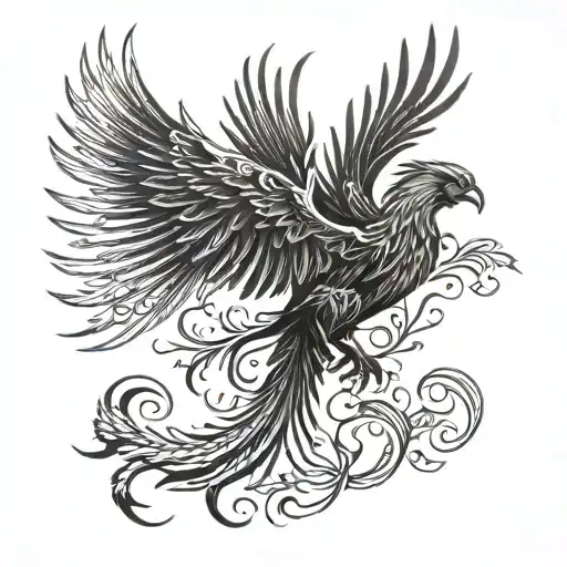A Phoenix With Outstretched Wings And A Tail That Wraps Around The Leg In Blackwork Style