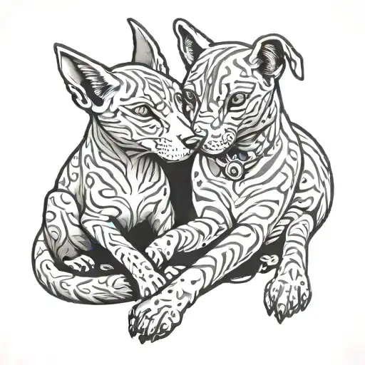 Grey And White Cat Hugging Doberman