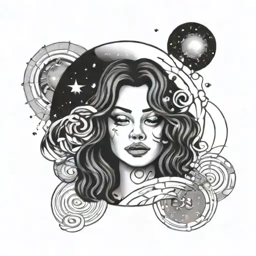 Cosmic Female Counselor Surrounded By Swirling Galaxies And Nebulae