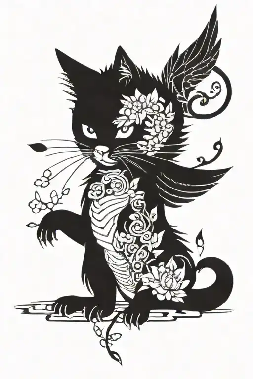 Mean Cat With Wings Resembling A Phoenix On Sakura Branch For Male