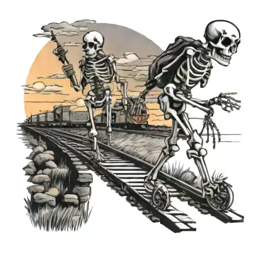 A Whimsical Scene Of A Walking Skeleton Couple Strolling Along Train Tracks At Sunset