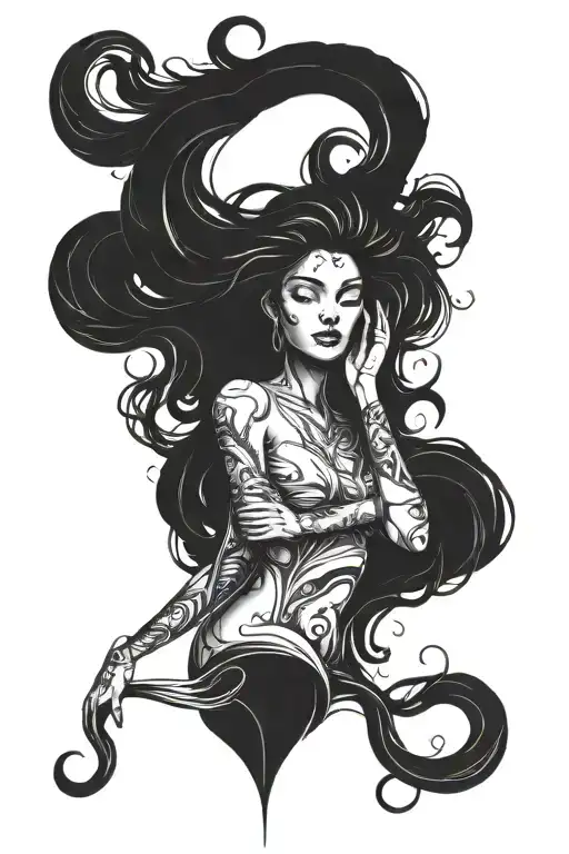 Nature-inspired Tattoo Of A Cosmic Female With Flowing Brushstroke Hair