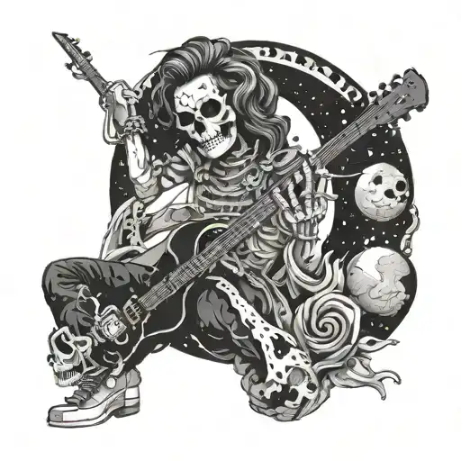 A Cosmic Rock Music Scene With A Female Skull Playing The Guitar