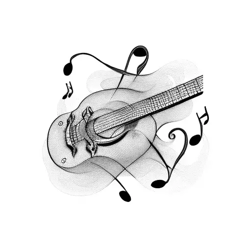 Music Notes Intertwined With A Guitar And Microphone