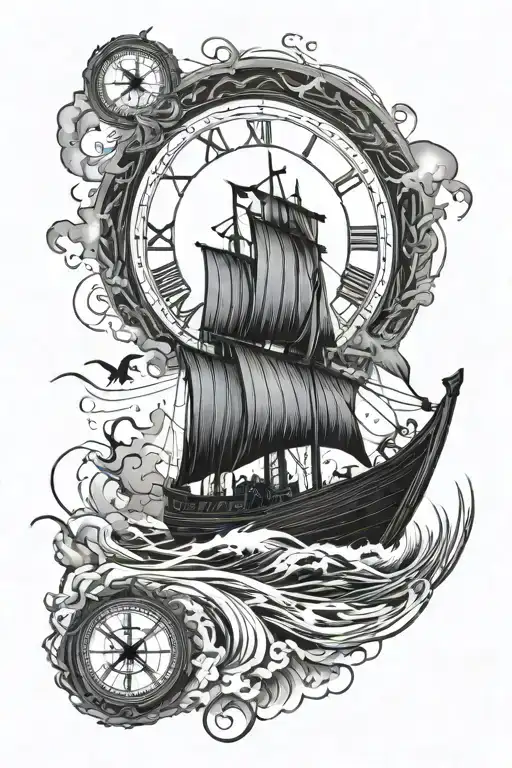 Viking Ship Sailing Through Storm With Lighting And Norse Clock With Crows Flying