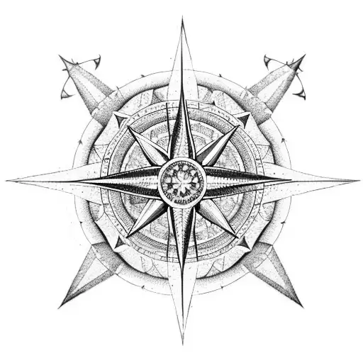 A Detailed Blackwork Tattoo Of A Compass Rose Surrounded By Hiking Trails And Ocean Waves