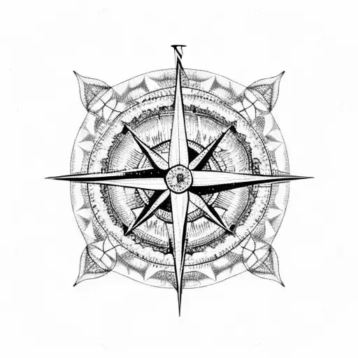 A Simple Blackwork Tattoo Of A Compass Rose Surrounded By Hiking Trails And Ocean Waves